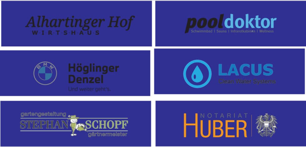 Österreichische Firmenlogos: Vielfalt und Design von Alhartinger Hof bis Notariat Huber auf blauem Hintergrund.
