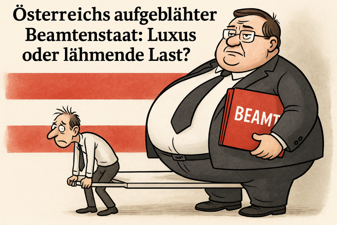 Karikatur österreichischer Beamtenstaat: Übergewichtiger Beamter als Last für Steuerzahler, Bürokratie Kritik.