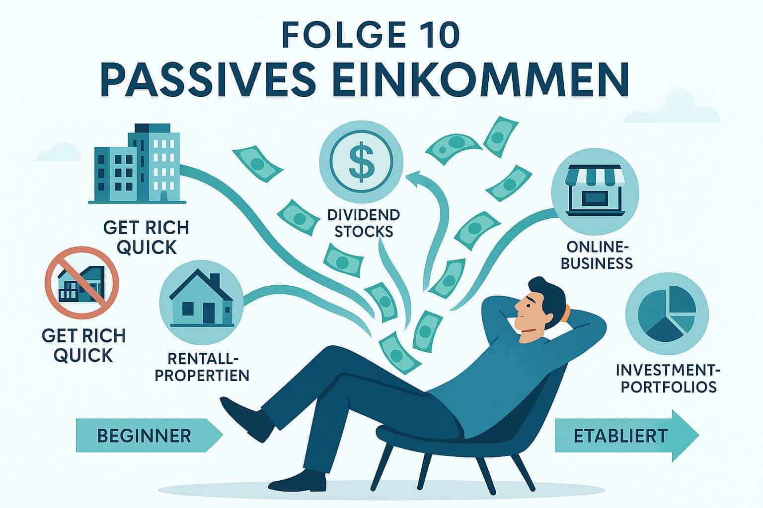 Infografik zu passivem Einkommen: Strategien, Mythen und Möglichkeiten für nachhaltige finanzielle Freiheit.