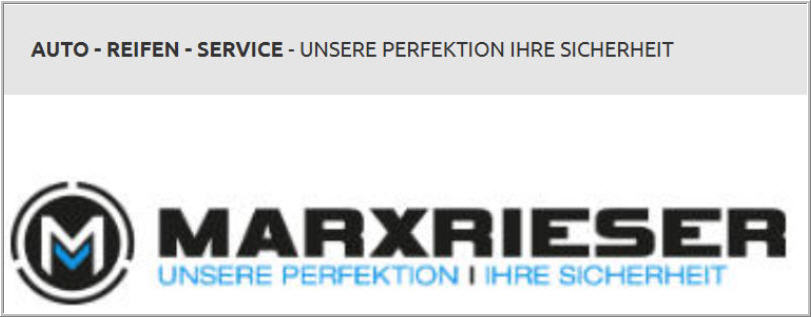Werbebanner: Perfektion und Sicherheit bei Marxrieser Auto- und Reifenservice, Logo mit stilisiertem M.