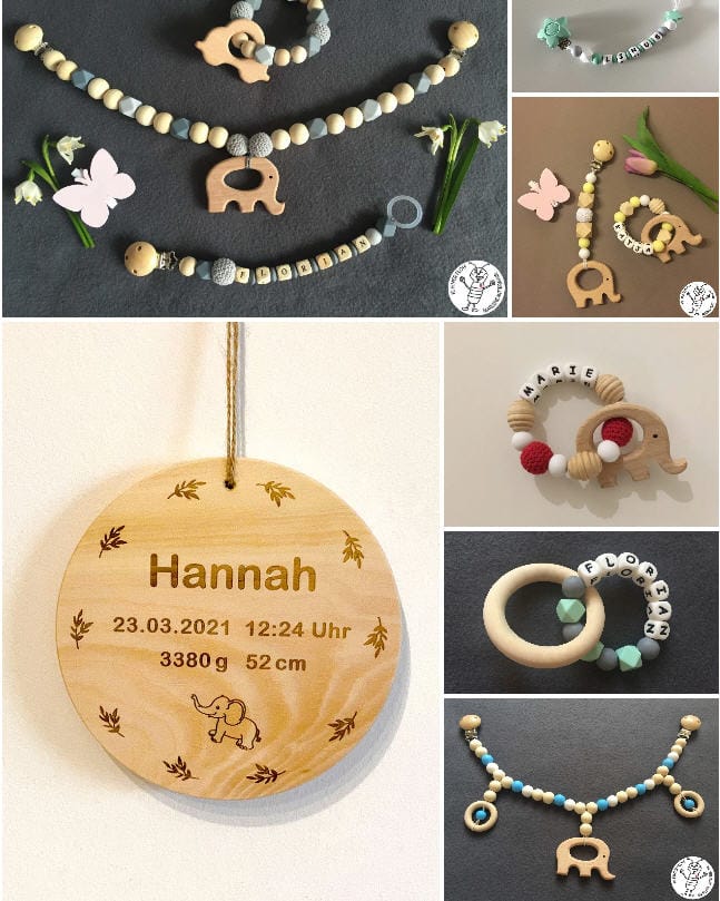 Kleiner Floh Handgefertigte, personalisierte, hölzerne Babyaccessoires: Schnullerketten, Beißringe, Rasseln mit Elefantendetails.