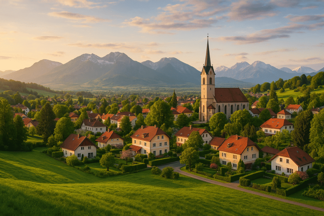 Tischtennis Leonding | Leonding – schön, hier zu leben! Idyllisches Dorf im Tal mit bunten Häusern und imposanter Kirche vor majestätischen Bergen.