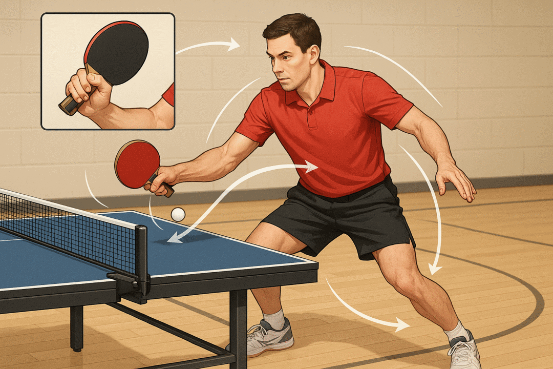Dynamischer Tischtennisspieler im roten Shirt demonstriert präzisen Schlägergriff und Bewegungsfertigkeit.