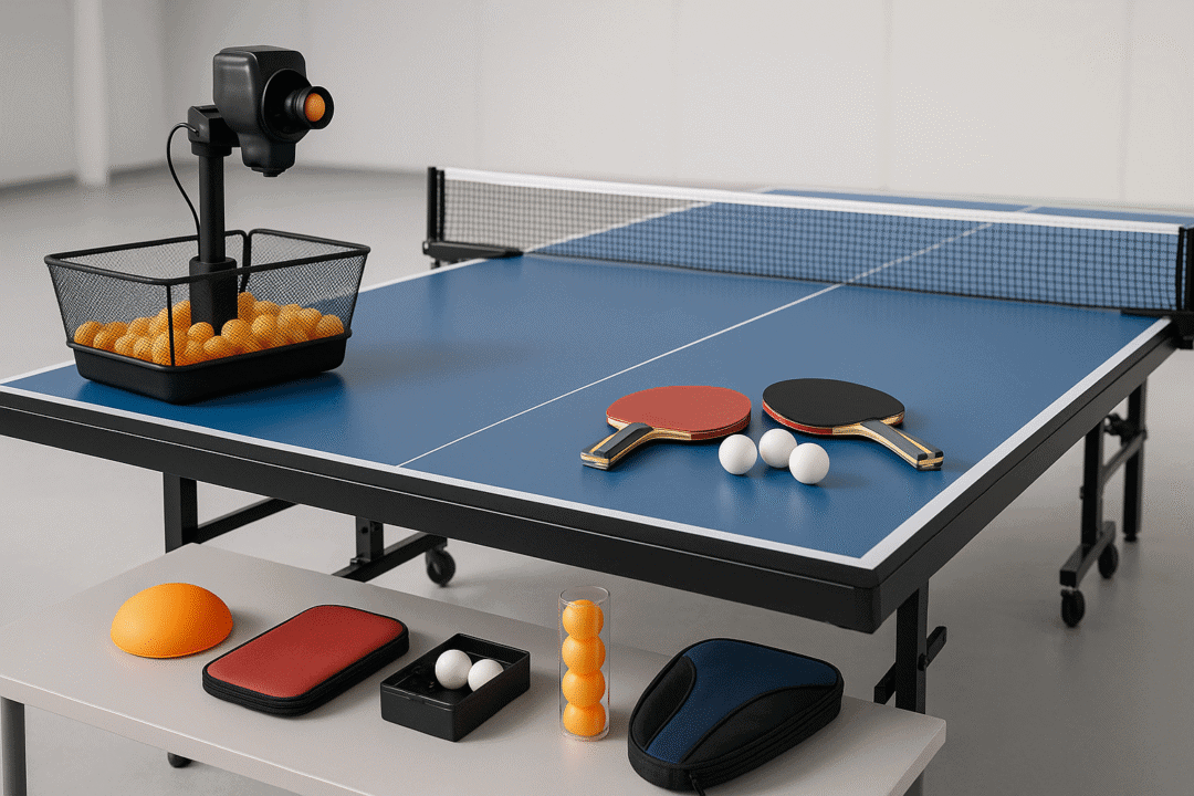 Moderne Tischtennis-Anlage mit hochwertigem Tisch, Schlägern, Bällen und Übungsgeräten.
