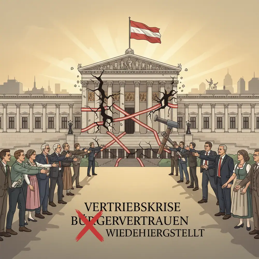 Österreichs politische Krise: beschädigtes Parlament, Diskussionen, gebrochene Gerechtigkeit und Vertrauensverlust.