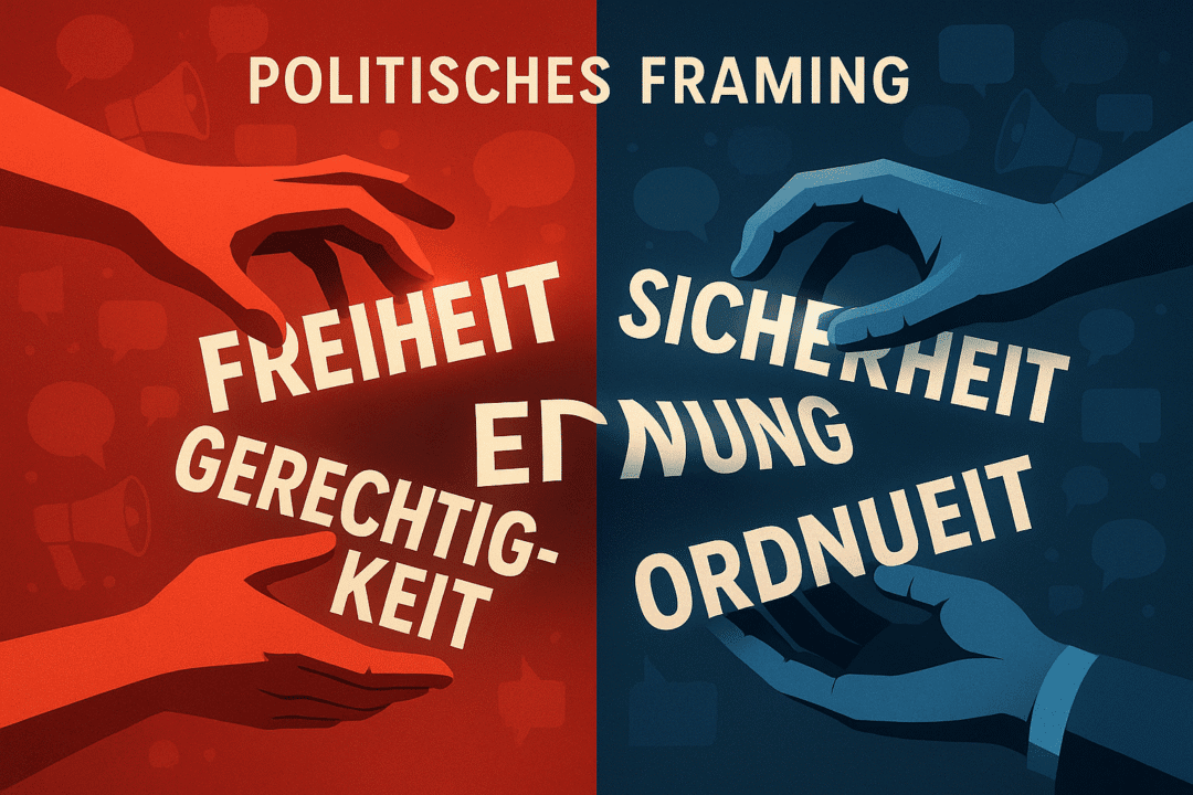 Politisches Framing: Illustration der Werte Freiheit, Gerechtigkeit, Sicherheit und Ordnung in zwei Perspektiven.