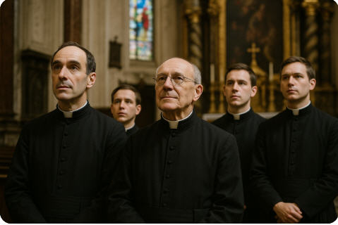 Priester In Feierlicher Andacht Vor Prunkvollem Altar Fünf Priester in schwarzen Talaren stehen feierlich in einer reich verzierten österreichischen Kirche.