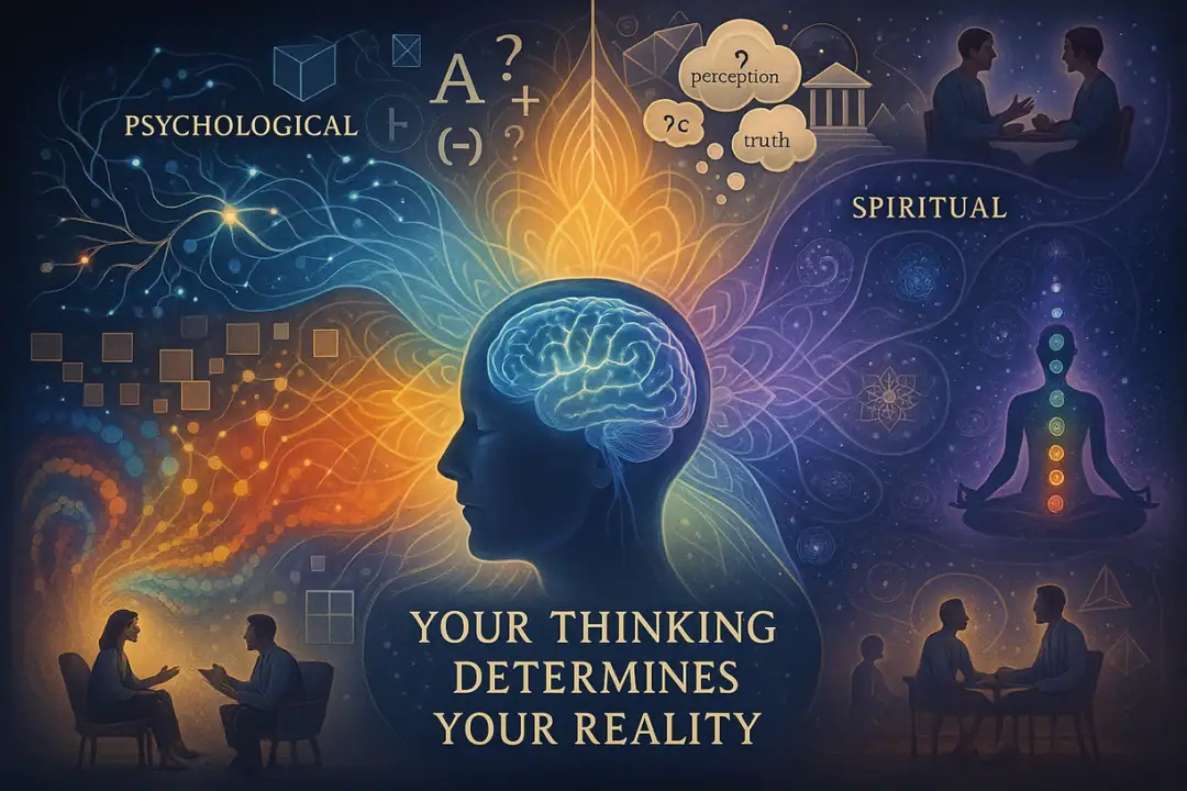Illustriertes Konzept der menschlichen Psyche und Spiritualität: Denken formt Realität.