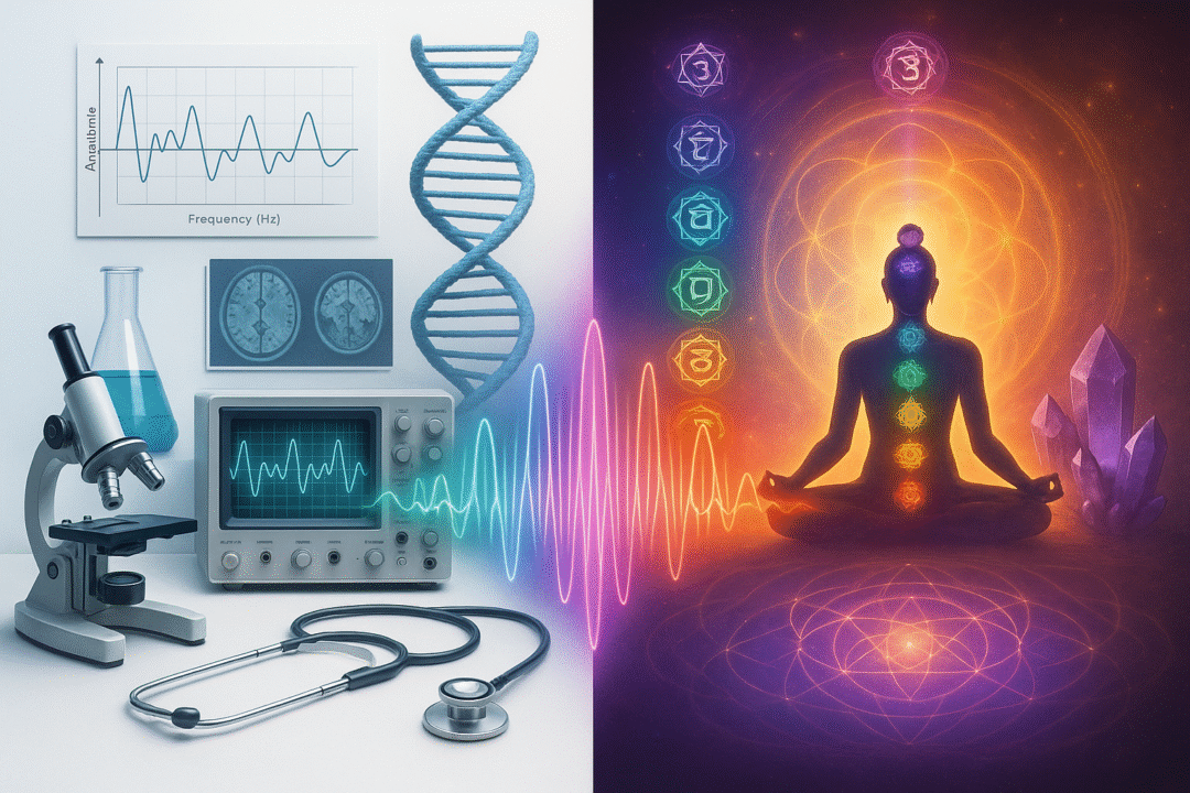 Wissenschaft und Spiritualität vereinen sich in Harmonie, verkörpert durch Meditation und Forschung.