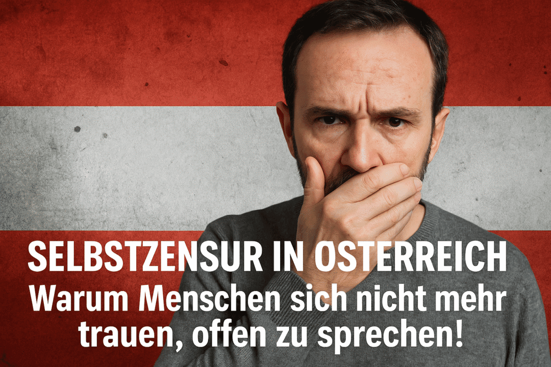 Selbstzensur in Österreich: Angst vor freier Meinungsäußerung Mann besorgt vor Österreich-Flagge, Thema Selbstzensur und Redefreiheit in Österreich.
