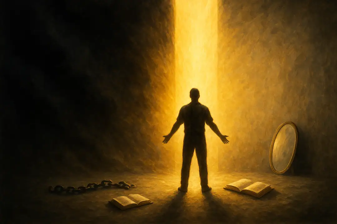 Einsame Figur im goldenen Licht, Symbol für Freiheit, Erleuchtung und Selbstreflexion.