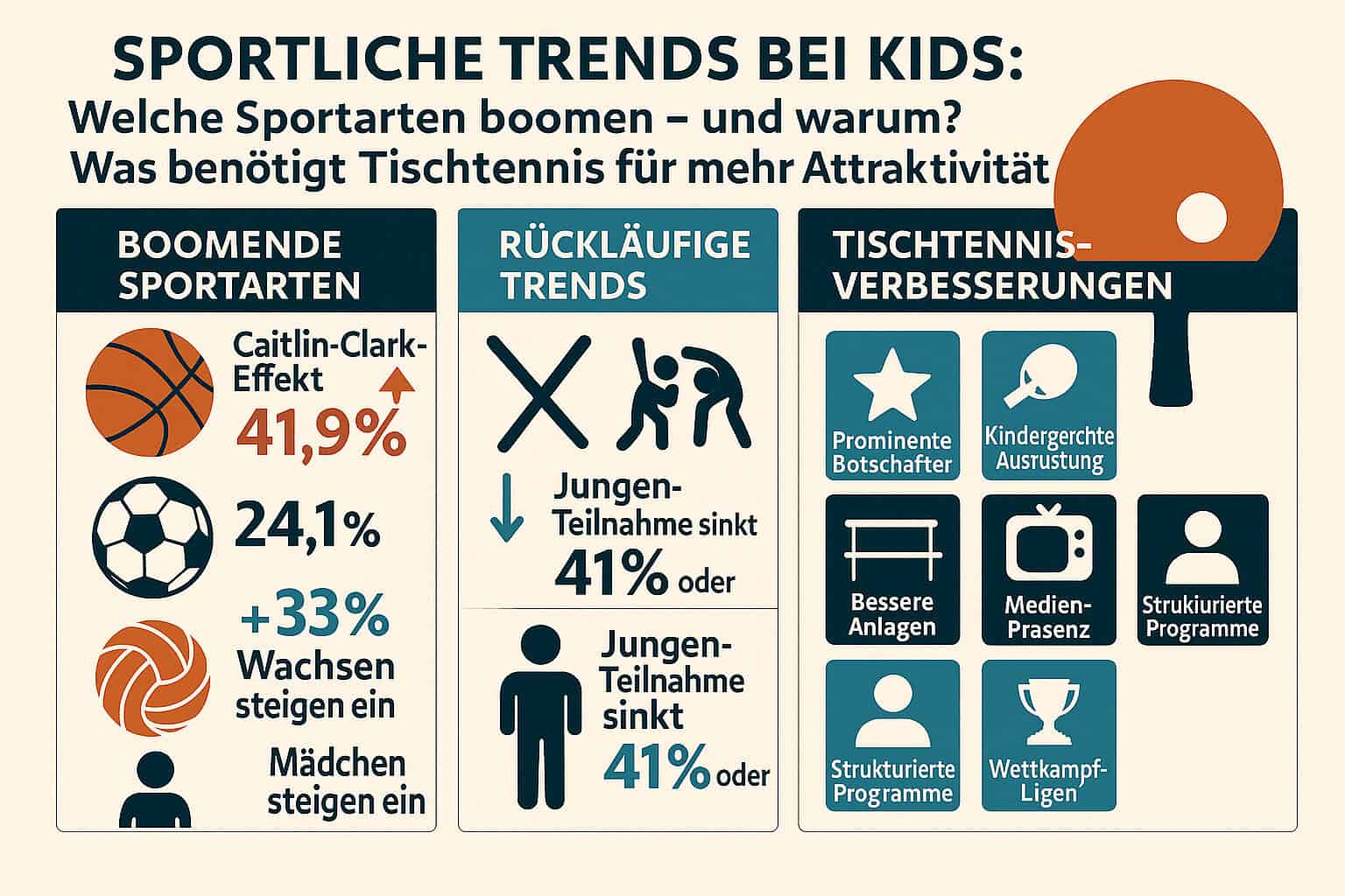 Sportliche Trends bei Kindern: Beliebte Sportarten, Rückgänge und Verbesserungen im Tischtennis.