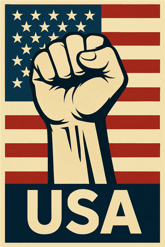 Starke Faust Vor Us Flagge Symbol Fuer Einheit Und Widerstand Erhobene Faust vor amerikanischer Flagge, Symbol für Zusammenhalt, Widerstand und Patriotismus in den USA.