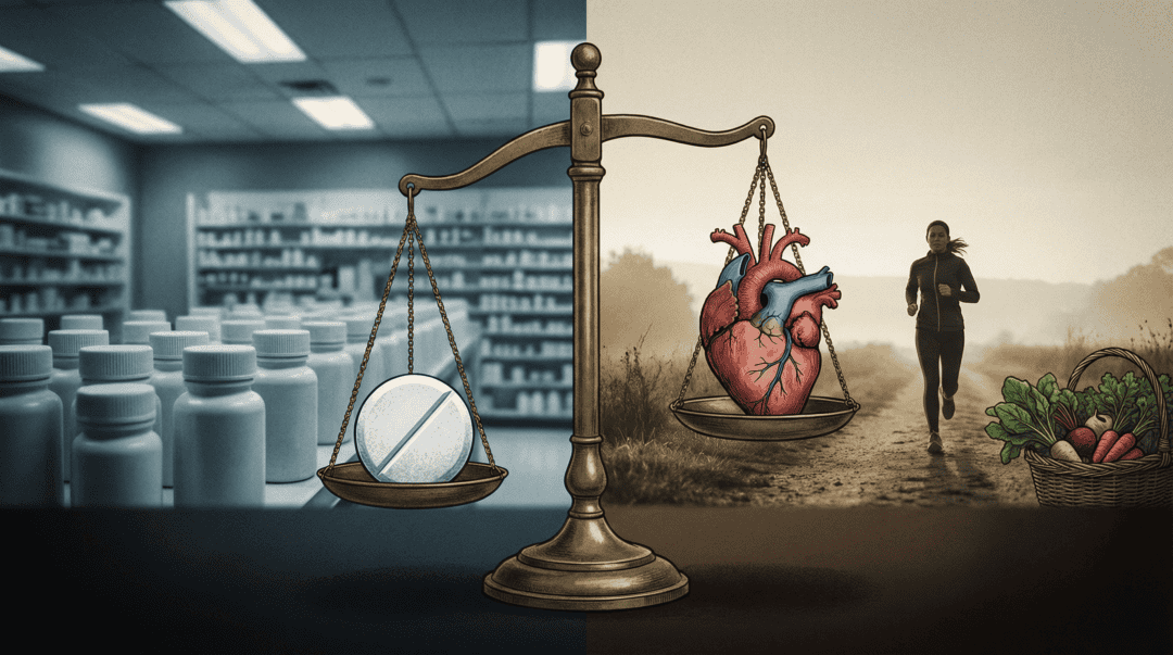 Symbolische Waage mit Herz und gesunden Lebensmitteln im Vergleich.