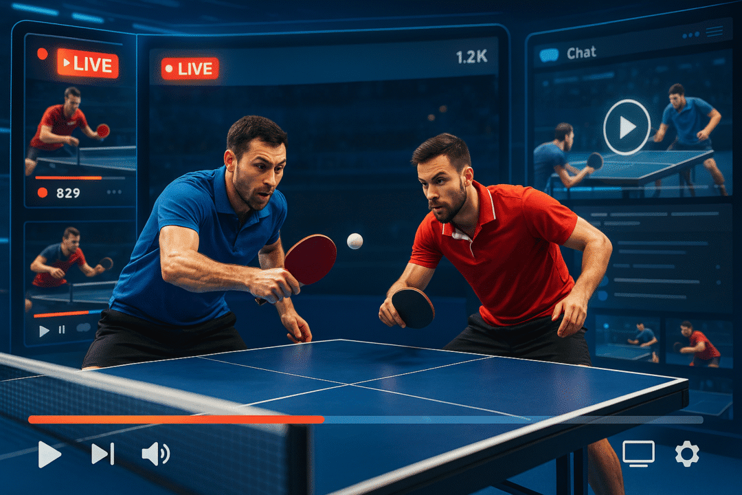 Intensives Tischtennis-Match live gestreamt mit digitalen Interaktionen und Zuschauerengagement.