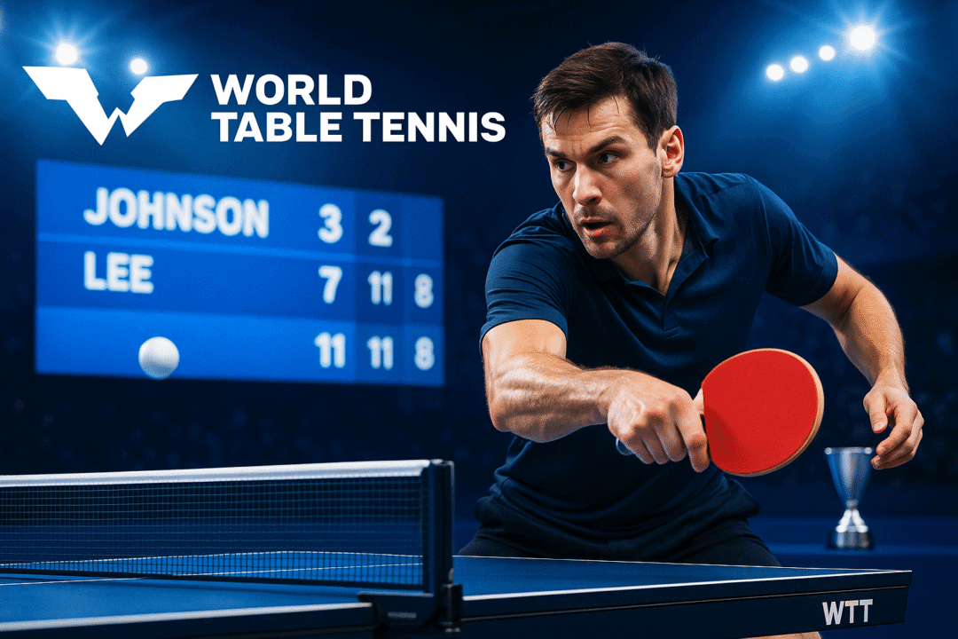 Intensives Tischtennis-Match zwischen Johnson und Lee mit dynamischer Aktion und Wettbewerbsspannung.