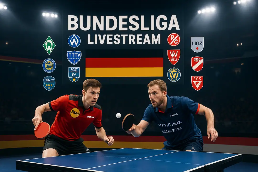 Intensives Tischtennismatch in der Bundesliga mit fokussierten Spielern und professionellem Ambiente.