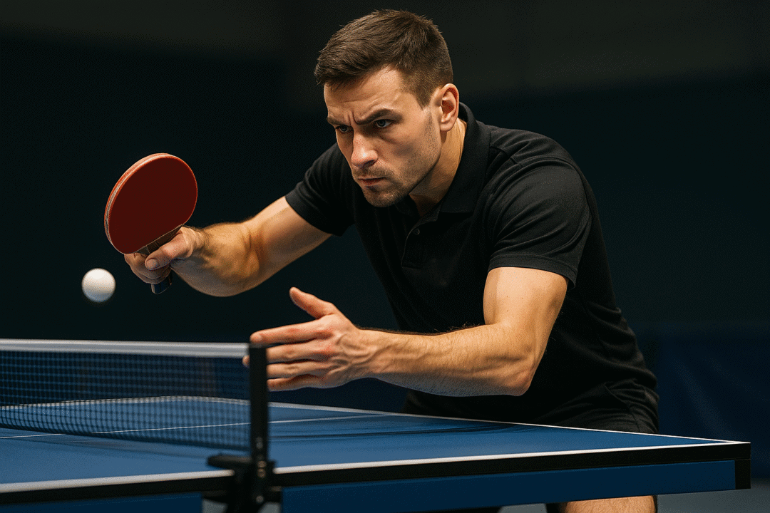 Tischtennis Leonding | Konzentration auf das Wesentliche beim Erlernen von Tischtennistechnik – und wie du Perfektion schneller erreichst Tischtennisspieler im Wettkampf, konzentriert und bereit, den Ball präzise zu schlagen.