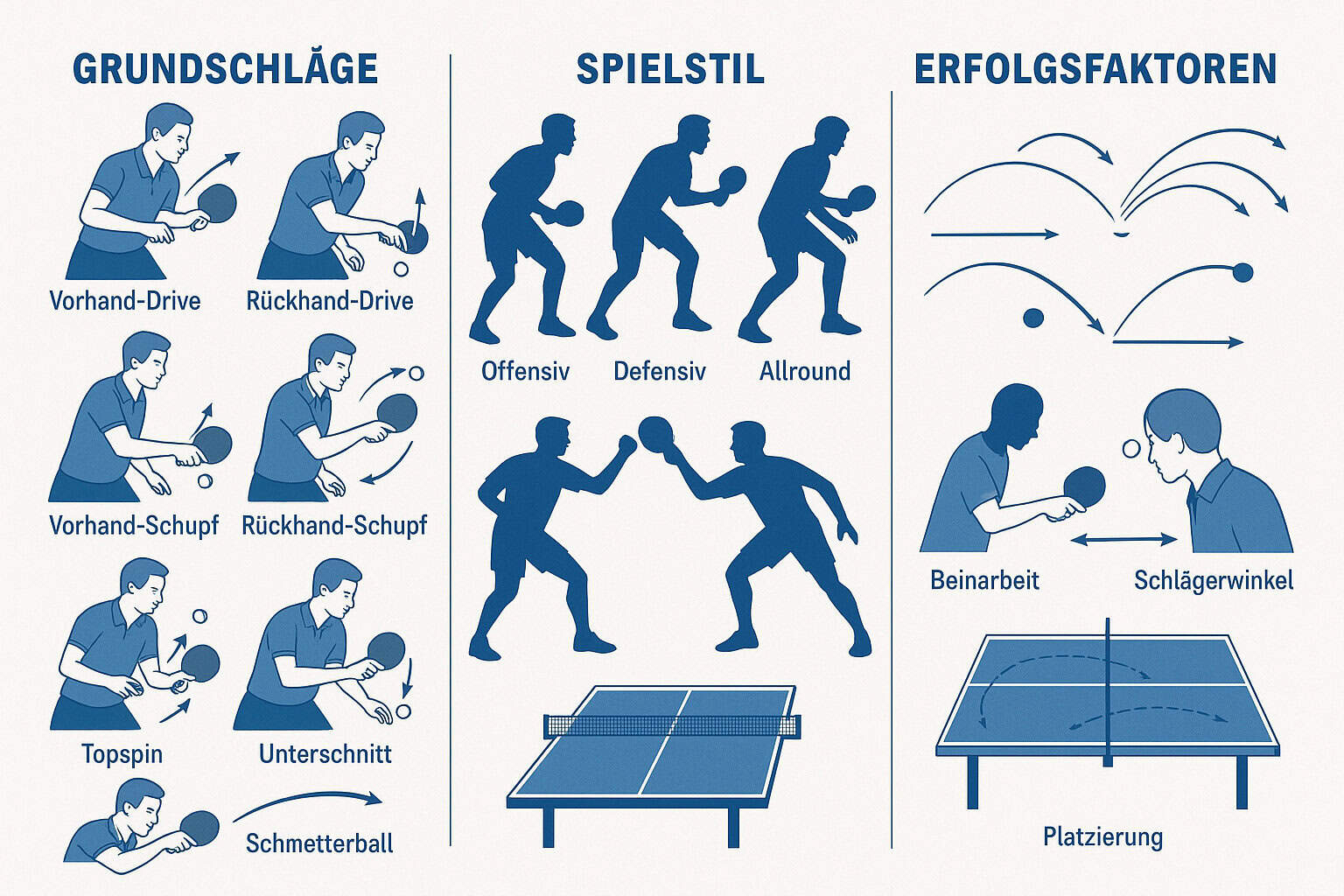 Infografik zu Tischtennis: Grundschläge, Spielstil und Erfolgsfaktoren für besseres Spiel.