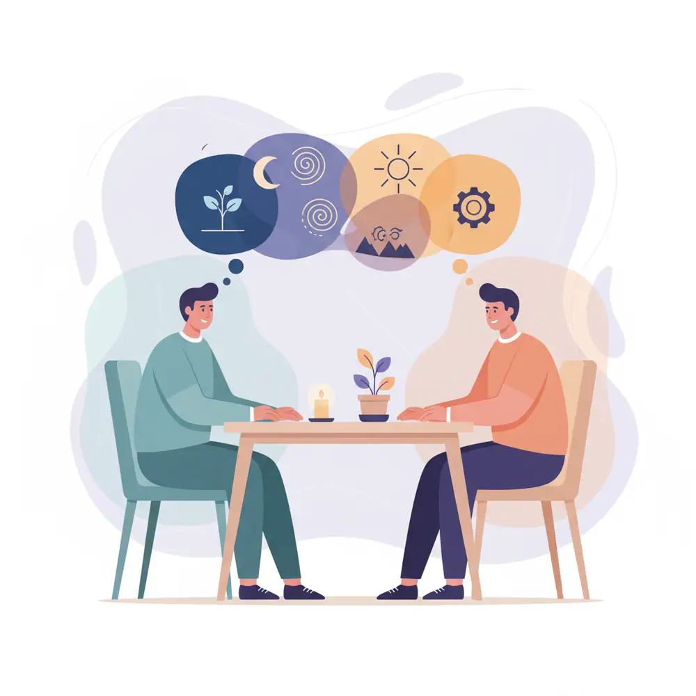 Tischtennis Leonding | Toleranz heißt nicht Zustimmung – wie du anderer Meinung sein kannst, ohne dich zu streiten Zwei Personen führen eine entspannte, tiefgründige Diskussion in einem minimalistischen, harmonischen Umfeld.
