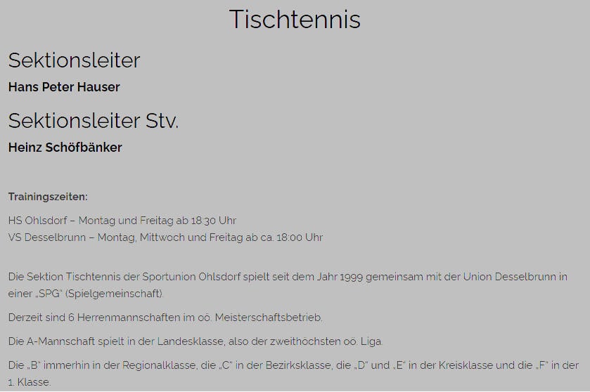 Vorzeigeverein des OÖTTV – SPG Union Ohlsdorf / DSG U. Desselbrunn SPG Tischtennis Union Ohlsdorf / DSG U. Desselbrunn