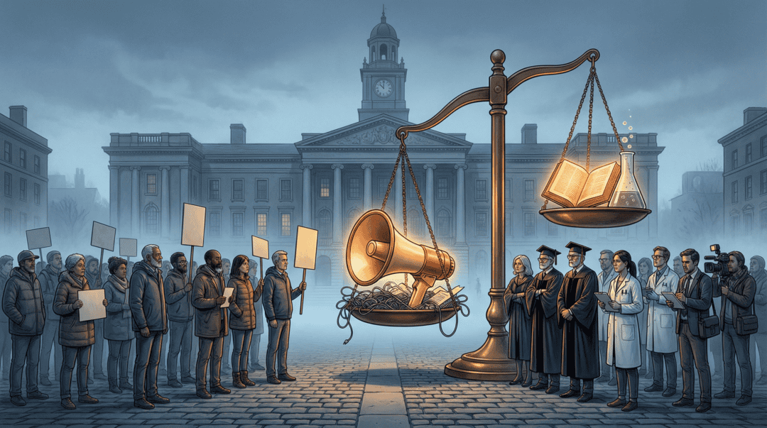 Menschenmenge bei Protest mit Megafon und Plakaten vor Rathaus.