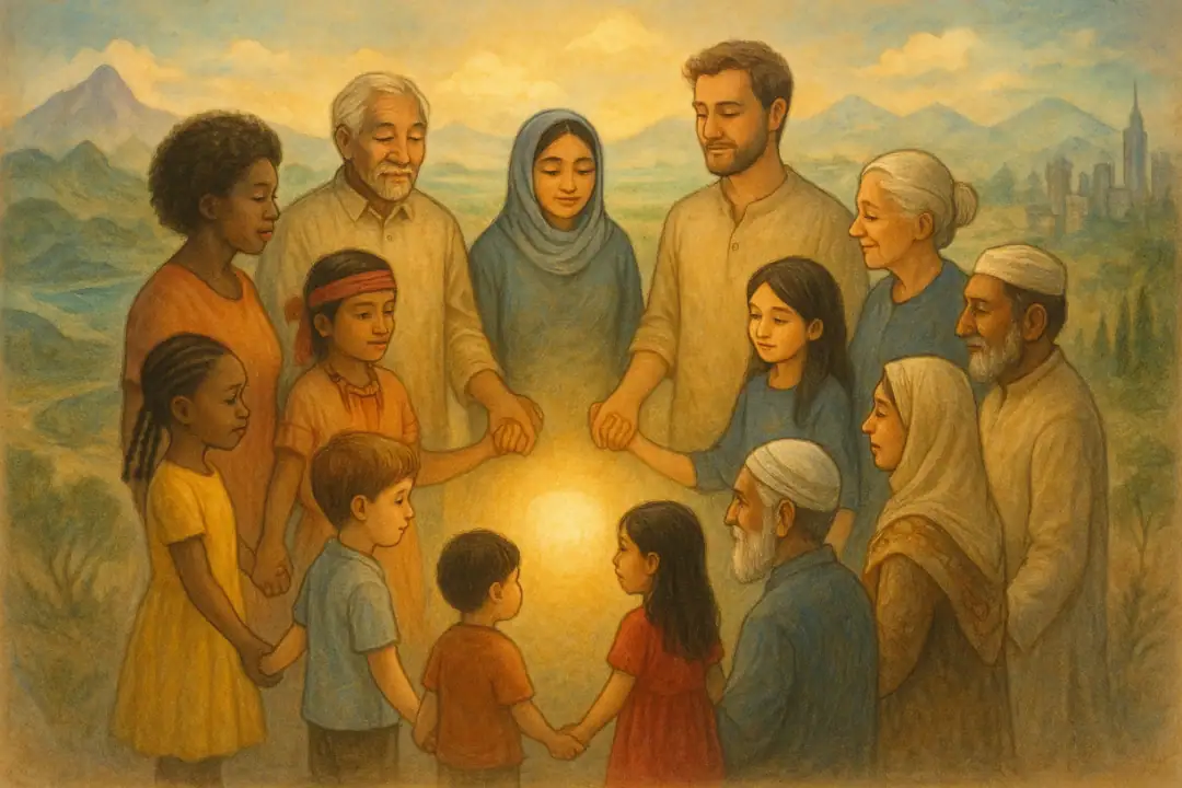 Menschen verschiedener Kulturen vereinen sich im Kreis um ein lichtvolles Symbol der Einheit.