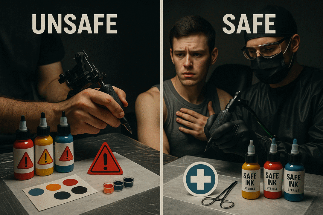 Sichere und unsichere Tattoo-Praktiken: Hygienisch vs. unhygienisch in der Tätowierkunst.