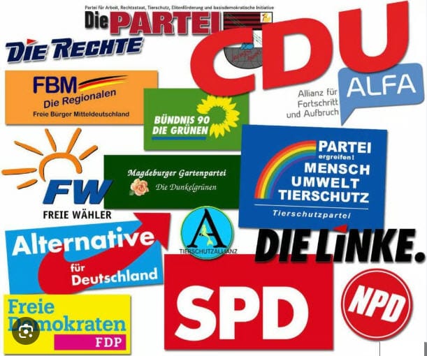 Politische Richtungen: Eine umfassende Analyse der ideologischen Landschaft Logos politischer Parteien Deutschlands, Vielfalt und Ideologien: SPD, CDU, AfD, Grüne, FDP.