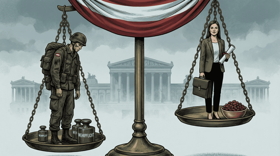 Symbolische Waage mit Soldat und Geschäftsfrau, Tischtennis-Logo im Hintergrund.