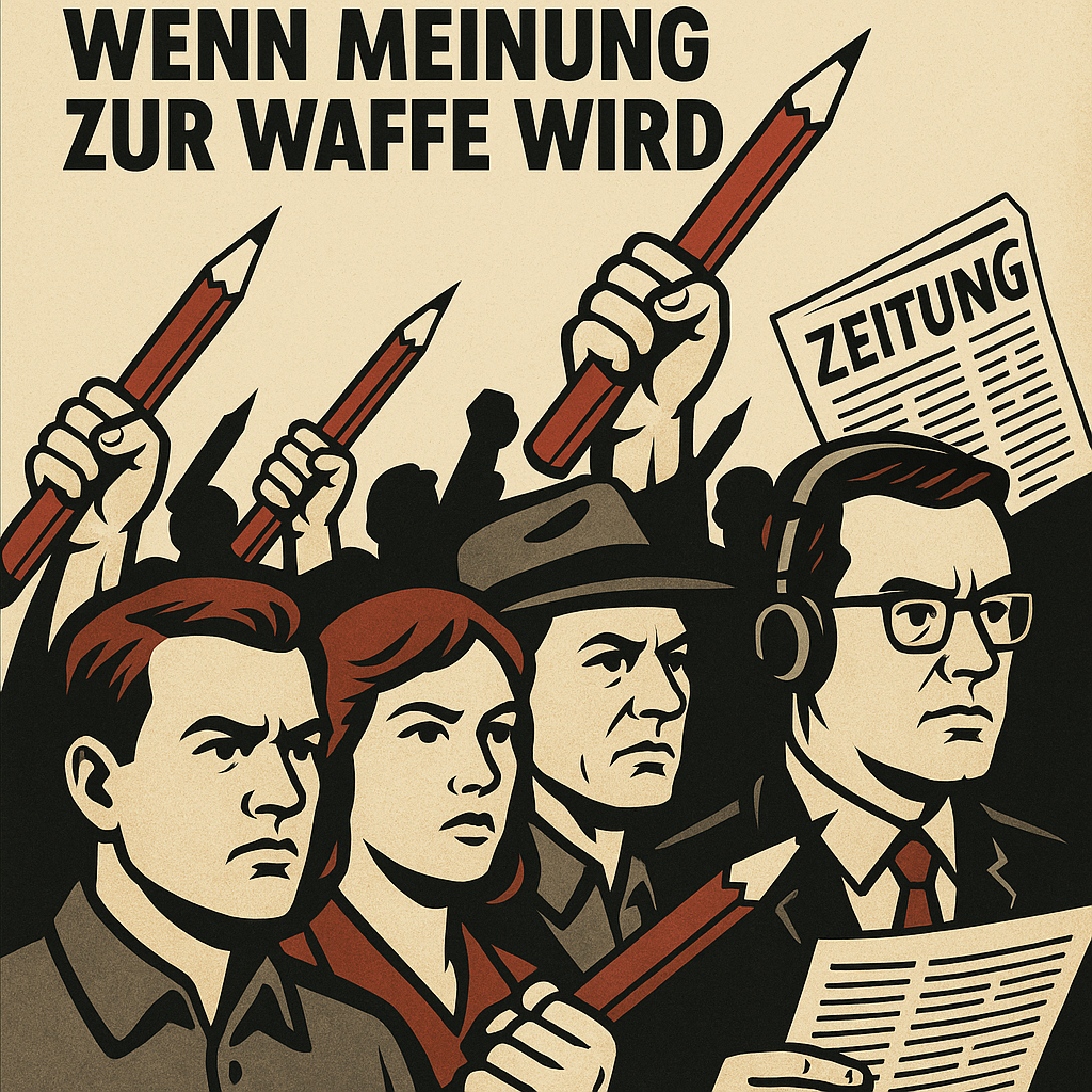 Meinung als Waffe: Mutige Menschen mit roten Bleistiften symbolisieren Journalismus und Meinungsfreiheit.