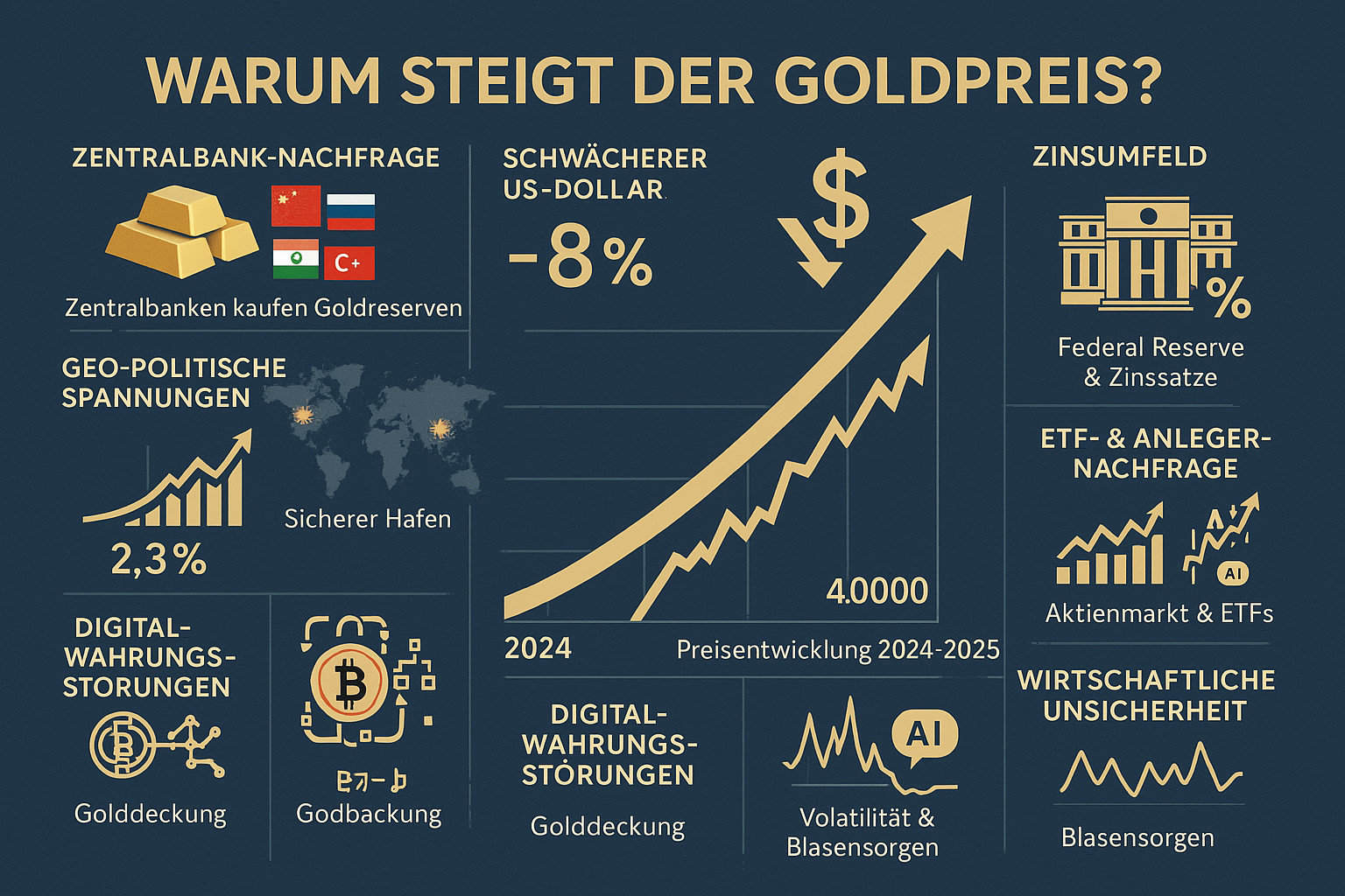 Infografik zu den Hauptursachen für den Anstieg des Goldpreises.